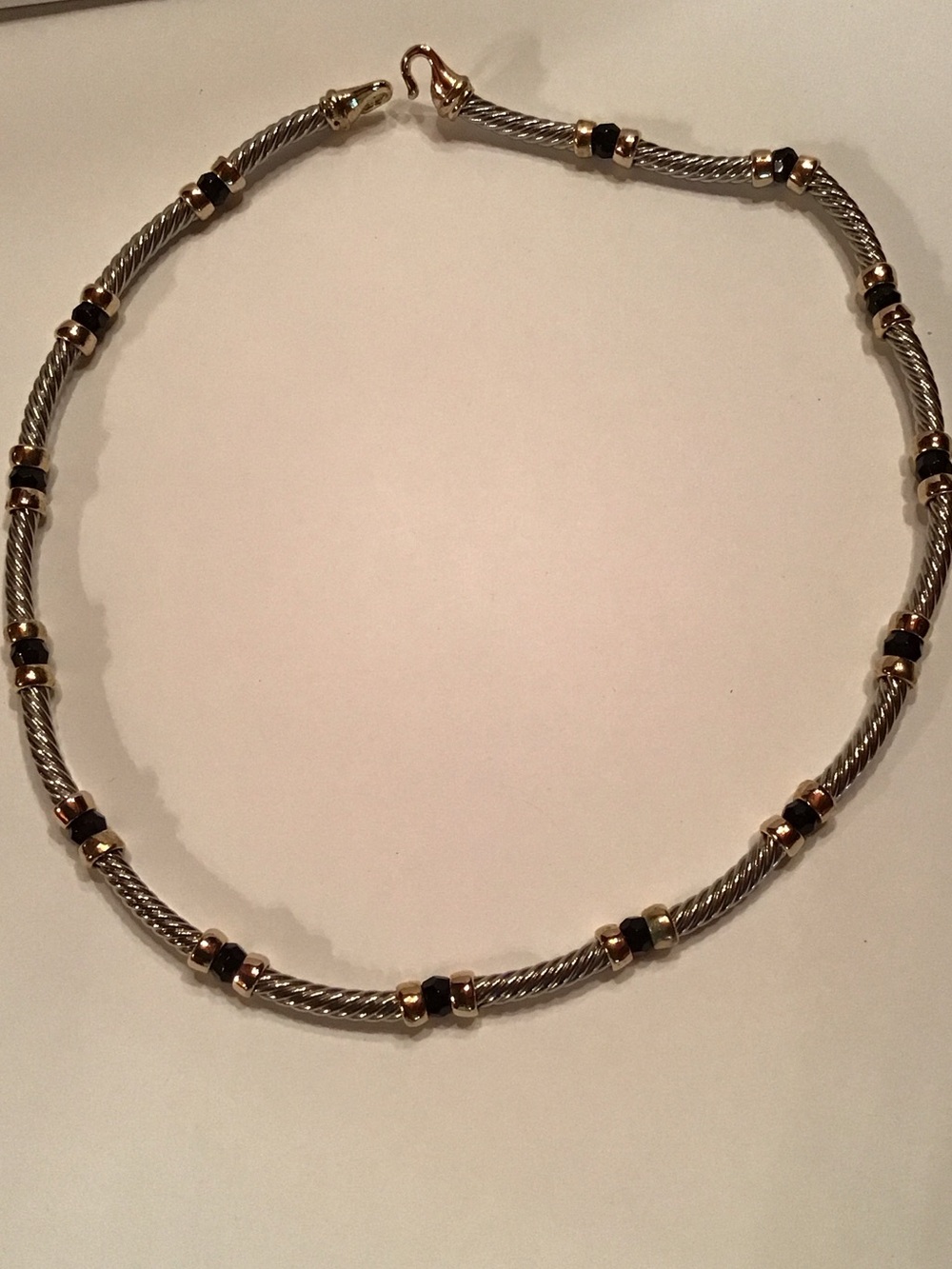 Two-Tone Silver and Gold Cable Necklace with Black Bead Accents